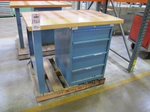 LOT TO INCLUDE: (1) BUTCHER BLOCK TABLE TOP 48"L X 30"W, (1) LISTA DUAL DESK LEG, (1) LISTA 4 DRAWER CABINET WITH CONTENTS. LOADING & HANDLING $15-1702