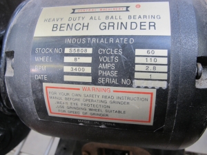 GENERAL MACHINERY HEAVY DUTY ALL BALL BEARING 8" BENCH GRINDER, MODEL NUMBER S5808, 1 PHASE, 3400 RPM, 110 V, 2.8 A-2053