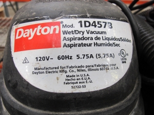 LOT TO INCLUDE: (2) SHOP VAC, "HIPPO" INDUSTRIAL DUTY VACUUM CLEANERS, 1.5 HP, (2) DAYTON WET/DRY VACUUMS, MODEL 1D457B, 120 V, 5.75 A-2059