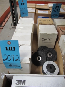 LOT TO INCLUDE SPEDECUT AND 3M: (300~) DEPRESSED CENTER GRINDING WHEELS, 4" X 1/4" X 5/8", MISC. GRINDING WHEELS, SANDER BELTS, ABRASIVE RINGS-2092