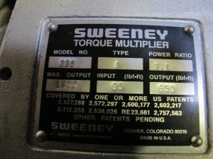 JOB BOX WITH CONTENTS TO INCLUDE: (2) SARGENT INDUSTRIES/SWEENEY DIVISION AIR MOTOR MODEL 2861-98, (1) SWEENEY TORQUE MULTIPLIER, MODEL NUMBER 235, RATIO 7:1, MAX OUTPUT 1400 LB/FT, MISC. PARTS-2144