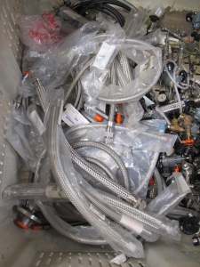 PALLETAINER LOT TO INCLUDE: LARGE QUANTITY OF SIEMENS, NULLMATIC, FAIRCHILD, TESCOM, EST, AND FISHER PRESSURE REGULATORS, GAUGES, AND FITTINGS,  SS BRAIDED FLEX PIPING-2169