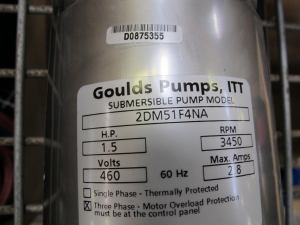 GOULDS/ITT SUBMERSIBLE PUMP, MODEL 2DM51F4NA, THREE PHASE, 1.5 HP, 3450 RPM, 460 V, 2.8 A-2174