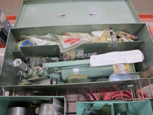 LOT TO INCLUDE: (2) STEEL JOB BOXES WITH AMETEK TWIN SEAL PRESSURE OIL AND DISTILLED WATER PUMP PARTS AND ASSEMBLIES, (1) STEEL JOB BOX ASHCROFT GAUGE-2188