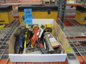 TOOLBOX SET TO INCLUDE: SCREWDRIVERS, BOXCUTTERS, PLIERS, LINEMANS PLIERS, DIAGONAL PLIER, FLIP OUT HEX KEY SETS, FILE, HANDSAW, PIPE WRENCH, CRESCENT WRENCH, HAMMER, ELECTRIC MARKER, MEASURING TAPE, PAINT SCRAPERS, LEVELS (SMALL AND LARGE), EXTENDABLE MAGNET, TELESCOPING INSPECTION MIRROR, FLASHLIGHT-2047