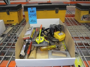TOOLBOX SET TO INCLUDE: SCREWDRIVERS, BOXCUTTERS, PLIERS, LINEMANS PLIERS, DIAGONAL PLIER, FLIP OUT HEX KEY SETS, FILE, HANDSAW, PIPE WRENCH, CRESCENT WRENCH, HAMMER, ELECTRIC MARKER, MEASURING TAPE, PAINT SCRAPERS, LEVELS (SMALL AND LARGE), EXTENDABLE MAGNET, TELESCOPING INSPECTION MIRROR, FLASHLIGHT-2049