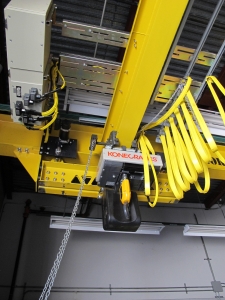 KUNDEL 30' W 40' L OVER HEAD CRANE, 3-TON W/ (2) 3-TON KONECRANES ELECTRIC CRANES (T-10) LOADING & HANDLING FEE $6,000-616A