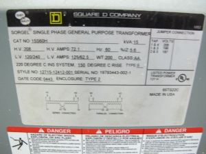 LOT (2) SQUARE D 15KVA SORGEL SINGLE PHASE GENERAL PURPOSE TRANSFORMERS (G-46) LOADING & HANDLING FEE $25-794