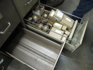 16-DRAWER INDUSTRIAL PARTS CABINET & (2) 4-DRAWER FILE CABINETS W/ NUTS, BOLTS, WASHERS (G-49) LOADING & HANDLING FEE $50-2152