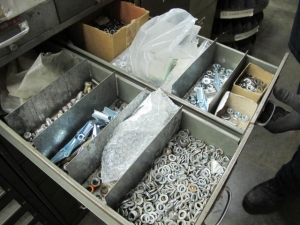 16-DRAWER INDUSTRIAL PARTS CABINET & (2) 4-DRAWER FILE CABINETS W/ NUTS, BOLTS, WASHERS (G-49) LOADING & HANDLING FEE $50-2152