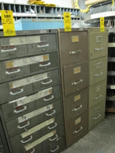 16-DRAWER INDUSTRIAL PARTS CABINET & (2) 4-DRAWER FILE CABINETS W/ NUTS, BOLTS, WASHERS (G-49) LOADING & HANDLING FEE $50-2152