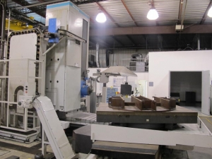 2003 SNK IKEGAI TABLE TYPE HORIZONTAL BORING MILL, NB 130P E3.5, 5.118" SPINDLE DIAMETER, TRAVELS: X-137", Y-98", Z-63", W-27.5", TABLE SIZE: 70.86" X 63", ROTARY TABLE CAPACITY: 22.045 LBS, 2,500 RPM SPINDLE SPEED, CAT 50 TAPER SPINDLE, COOLANT THRU SPINDLE, RIGID TAPPING, 35 HP, 60 ATC, COOL POWER, FANUC 16iMB CNC CONTROL, 5 AXIS SIMULTANEOUS CONTROL, STEEL WAY COVERS, CHIP CONVEYOR, S/N NB4002 (G-49) LOADING & HANDLING FEE $17,500-2188