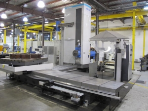2003 SNK IKEGAI TABLE TYPE HORIZONTAL BORING MILL, NB 130P E3.5, 5.118" SPINDLE DIAMETER, TRAVELS: X-137", Y-98", Z-63", W-27.5", TABLE SIZE: 70.86" X 63", ROTARY TABLE CAPACITY: 22.045 LBS, 2,500 RPM SPINDLE SPEED, CAT 50 TAPER SPINDLE, COOLANT THRU SPINDLE, RIGID TAPPING, 35 HP, 60 ATC, COOL POWER, FANUC 16iMB CNC CONTROL, 5 AXIS SIMULTANEOUS CONTROL, STEEL WAY COVERS, CHIP CONVEYOR, S/N NB4002 (G-49) LOADING & HANDLING FEE $17,500-2188
