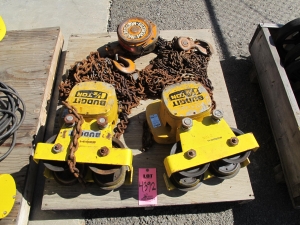 LOT (2) BUDGIT 1.5-TON CHAIN FALLS W/ 2-TON TROLLEYS & (1) HARRINGTON CHAIN FALL (G-30) LOADING & HANDLING FEE $25-4392