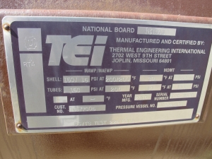 2010 THERMAL ENGINEERING INTERNATIONAL TURBINE PLANT COOLING WATER HEAT EXCHANGER, DIMENSIONS: 79" O.D., OVERALL LENGTH: 494", SHELL WEIGHT: 64,215 LBS, TUBE TYPE: TITANIUM SB338 GRADE 2, TUBESHEET-STATIONARY SA-516-70 W/ TITANIUM CLAD, IMPINGEMENT PROTECTION S/S, S/N T1073504 (FOR COMPLETE DETAILS, SEE SPEC SHEET OR CALL) (G-22) LOADING & HANDLING FEE $15,000-4402