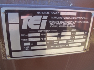 2010 THERMAL ENGINEERING INTERNATIONAL TURBINE PLANT COOLING WATER HEAT EXCHANGER, DIMENSIONS: 79" O.D., OVERALL LENGTH: 494", SHELL WEIGHT: 64,215 LBS, TUBE TYPE: TITANIUM SB338 GRADE 2, TUBESHEET-STATIONARY SA-516-70 W/ TITANIUM CLAD, IMPINGEMENT PROTECTION S/S, S/N T1073503 (FOR COMPLETE DETAILS, SEE SPEC SHEET OR CALL) (G-22) LOADING & HANDLING FEE $15,000-4403