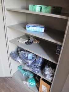 CONTENTS OF 8'X8'X20' STORAGE CONTAINER: TO INCLUDE PAINTING FINISHING AND SANDBLASTING SUPPLIES: VACUUM DISCS, GRINDING WHEELS, TAPE, CLEMCO CARTRIDGES, SPARE PARTS, SAFETY GLOVES, RESPIRATORS, SAND BLASTING MASKS, CHLORIDE ION FIELD TEST KITS, PLUS SO MUCH MORE (G-40/#11) (TO BE PURCHASED ONLY BY AN INSURED BUYER, TO BE LOADED BY HAND. NO FORKLIFT USE ALLOWED.)-4415