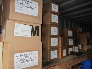 CONTENTS OF 8'X8'X20' STORAGE CONTAINER: TO INCLUDE PAINTING FINISHING AND SANDBLASTING SUPPLIES: VACUUM DISCS, GRINDING WHEELS, TAPE, CLEMCO CARTRIDGES, SPARE PARTS, SAFETY GLOVES, RESPIRATORS, SAND BLASTING MASKS, CHLORIDE ION FIELD TEST KITS, PLUS SO MUCH MORE (G-40/#11) (TO BE PURCHASED ONLY BY AN INSURED BUYER, TO BE LOADED BY HAND. NO FORKLIFT USE ALLOWED.)-4415